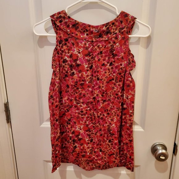 Ann Taylor Sleeveless Blouse with Ruffles, Petite 14P,  Red Orange Abstract - Picture 4 of 8